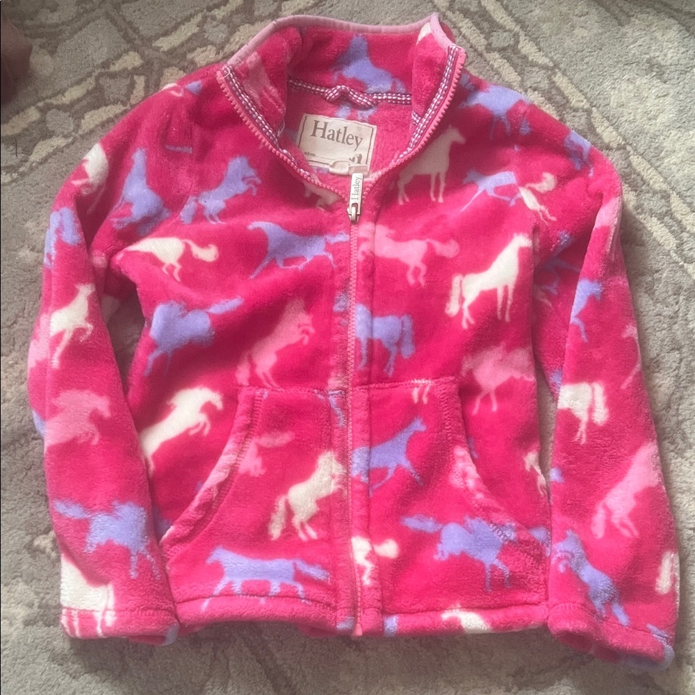 Hatley Hot Pink Fleece Jacket with Lavender and White Horse Print